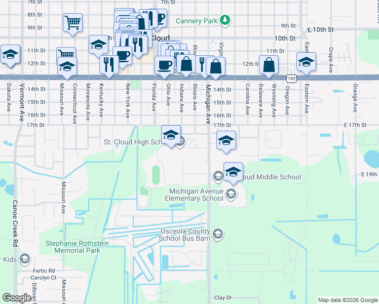 map of restaurants, bars, coffee shops, grocery stores, and more near 719 Michigan Court in St. Cloud