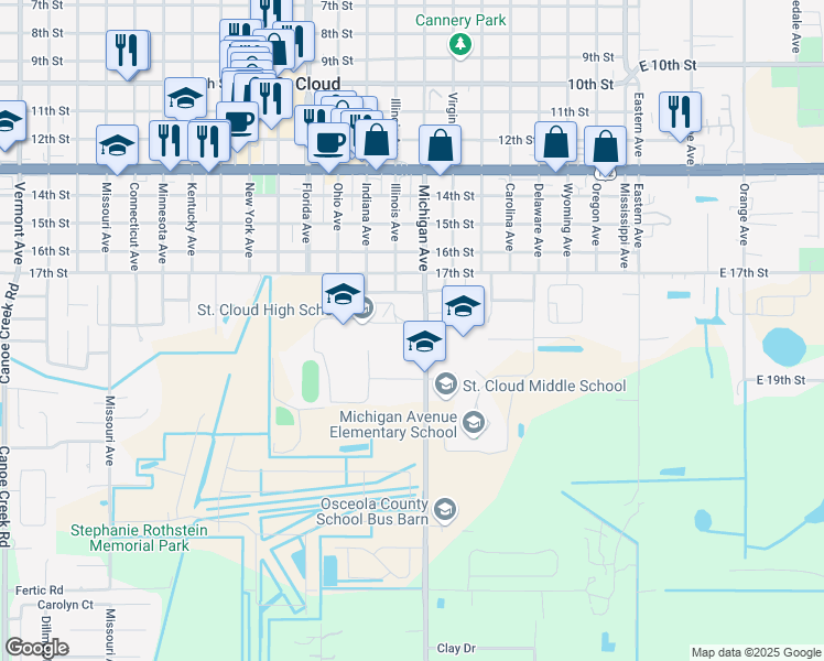 map of restaurants, bars, coffee shops, grocery stores, and more near 705 Michigan Court in Saint Cloud