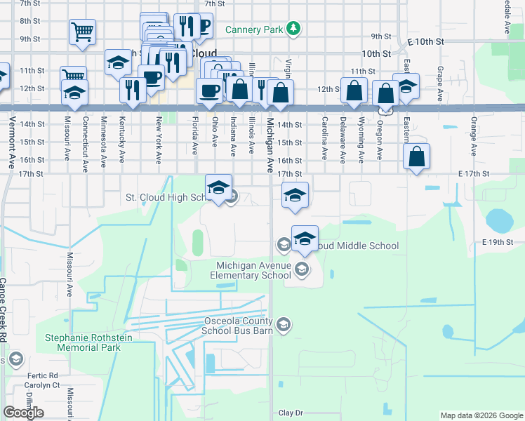 map of restaurants, bars, coffee shops, grocery stores, and more near 707 Michigan Court in St. Cloud