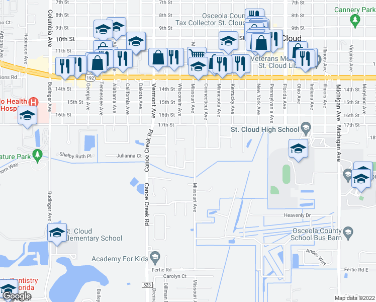 map of restaurants, bars, coffee shops, grocery stores, and more near 1966 Villa Angelo Blvd in St Cloud