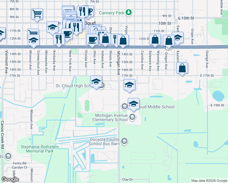 map of restaurants, bars, coffee shops, grocery stores, and more near 707 Michigan Court in St. Cloud