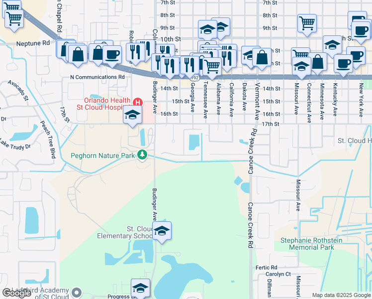 map of restaurants, bars, coffee shops, grocery stores, and more near 1821 Christina Lee Lane in St. Cloud