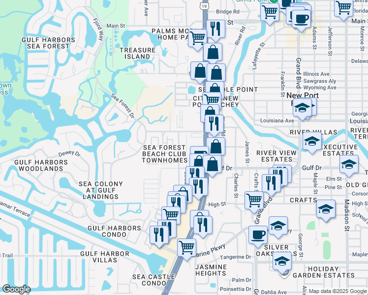 map of restaurants, bars, coffee shops, grocery stores, and more near 5605 Leisure Lane in New Port Richey