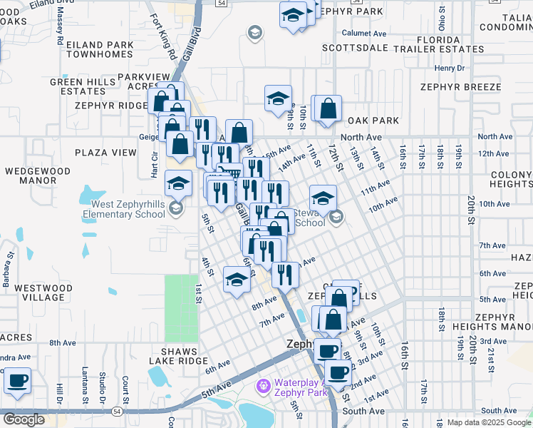 map of restaurants, bars, coffee shops, grocery stores, and more near 5707 8th Street in Zephyrhills