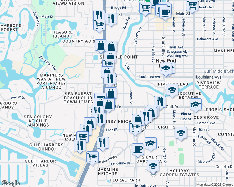 map of restaurants, bars, coffee shops, grocery stores, and more near 5314 Lemon Street in New Port Richey