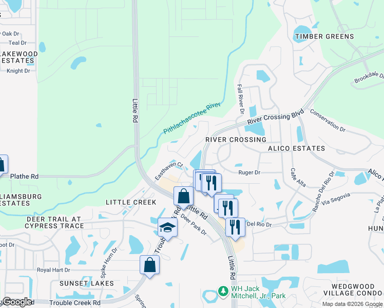map of restaurants, bars, coffee shops, grocery stores, and more near 5622 Mossberg Drive in New Port Richey