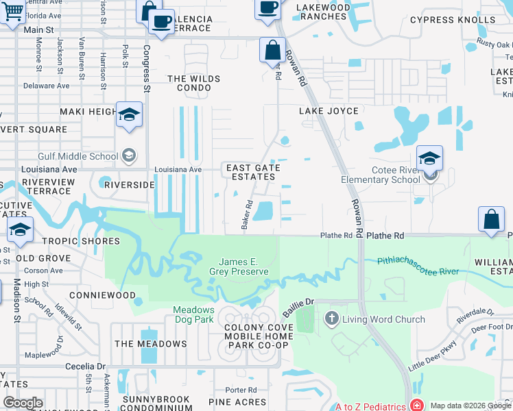 map of restaurants, bars, coffee shops, grocery stores, and more near 5609 Baker Road in New Port Richey