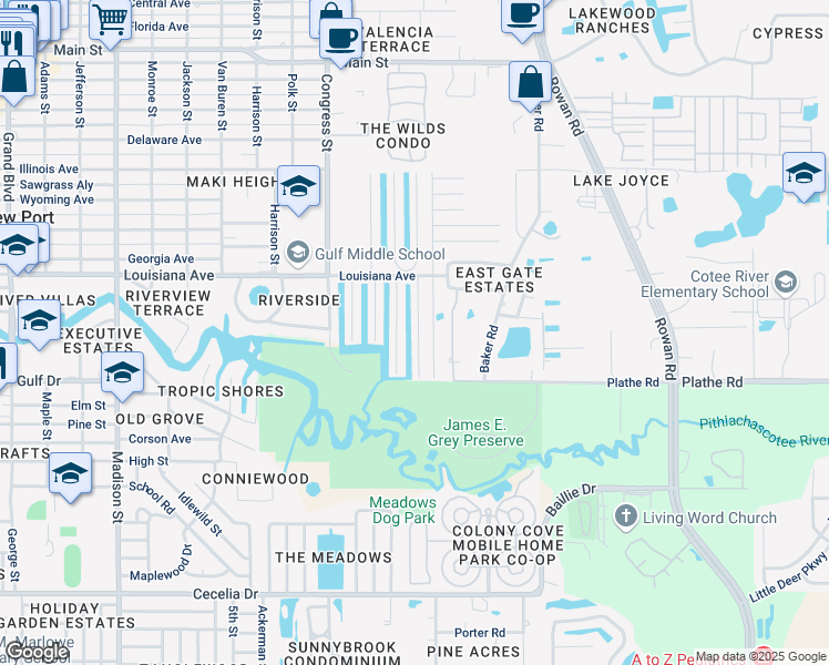 map of restaurants, bars, coffee shops, grocery stores, and more near 5607 Lagoon Drive in New Port Richey