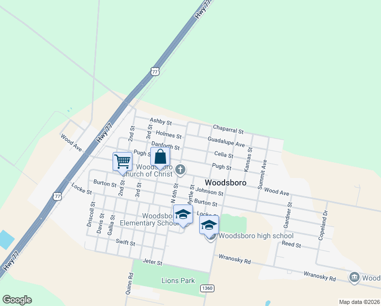 map of restaurants, bars, coffee shops, grocery stores, and more near 608 Celia Street in Woodsboro