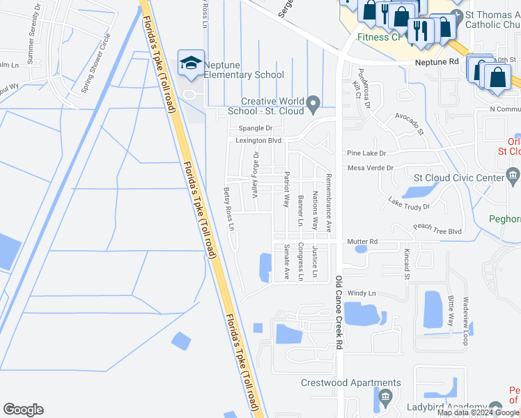 map of restaurants, bars, coffee shops, grocery stores, and more near 4830 Old Glory Way in Saint Cloud