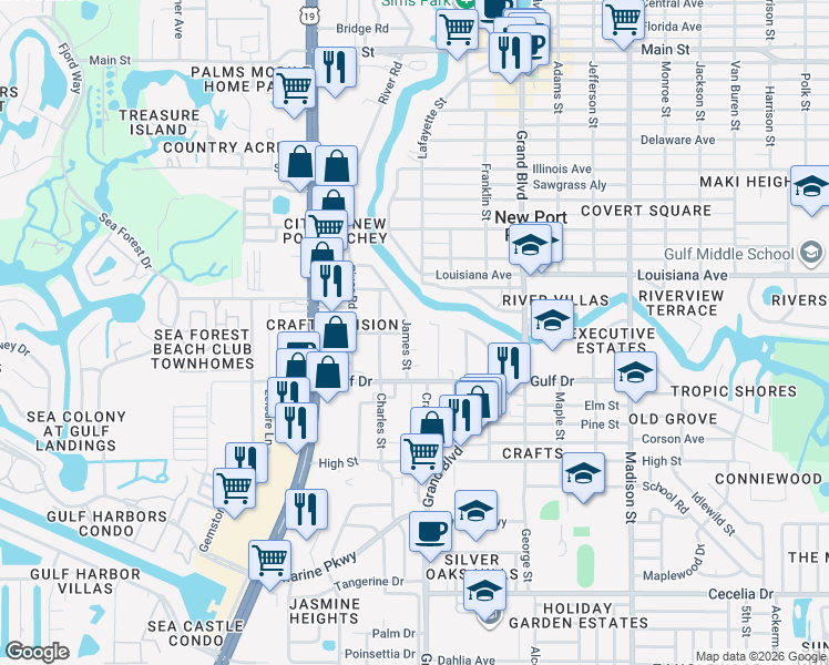 map of restaurants, bars, coffee shops, grocery stores, and more near 5606 James Street in New Port Richey