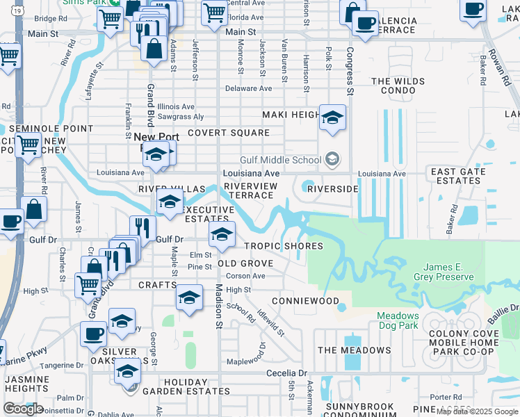 map of restaurants, bars, coffee shops, grocery stores, and more near 6134 Oak Ridge Avenue in New Port Richey