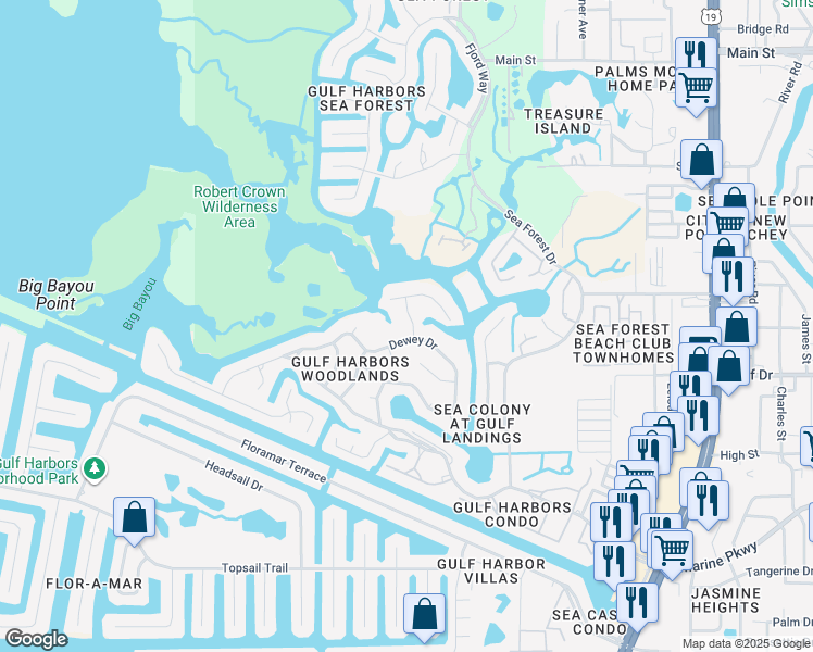 map of restaurants, bars, coffee shops, grocery stores, and more near 5617 Decatur Drive in Port Richey