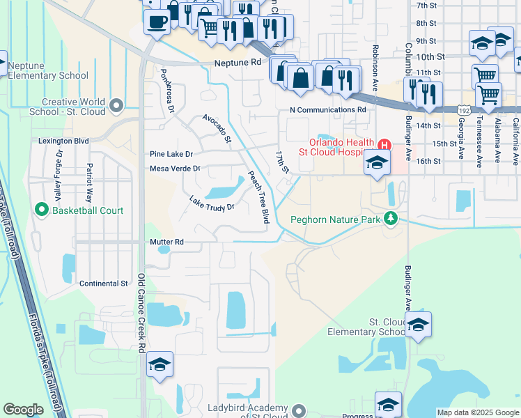 map of restaurants, bars, coffee shops, grocery stores, and more near 1818 Peach Tree Boulevard in Saint Cloud