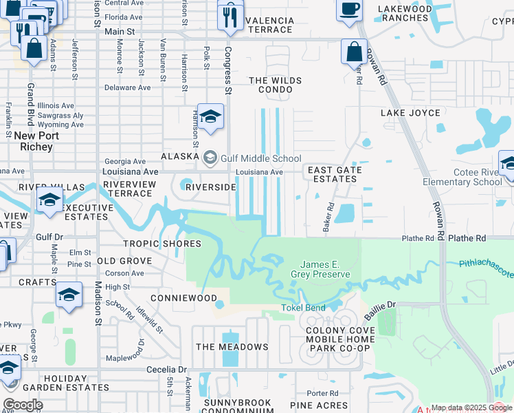 map of restaurants, bars, coffee shops, grocery stores, and more near 5607 Clubhouse Drive in New Port Richey