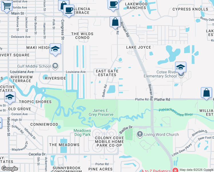 map of restaurants, bars, coffee shops, grocery stores, and more near 5612 Baker Road in New Port Richey