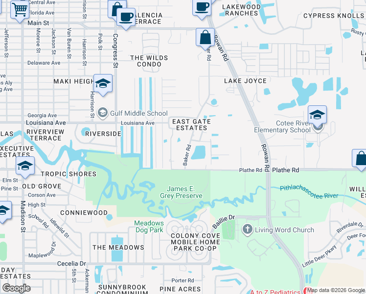 map of restaurants, bars, coffee shops, grocery stores, and more near 5609 Baker Road in New Port Richey