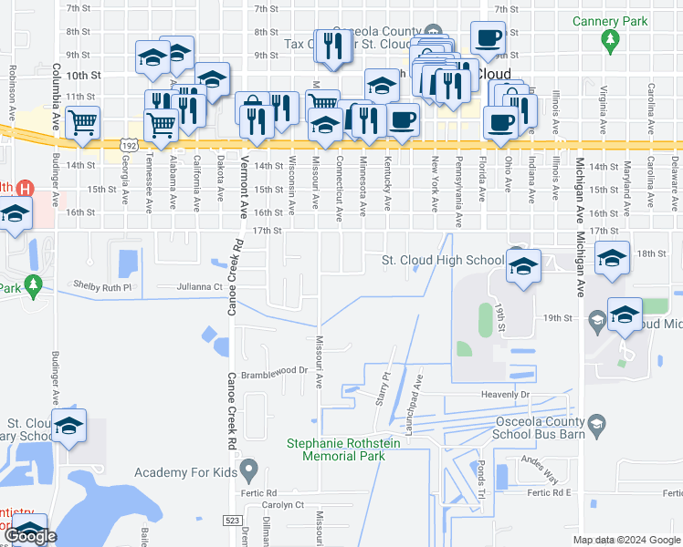 map of restaurants, bars, coffee shops, grocery stores, and more near 2505 Connecticut Avenue in Saint Cloud