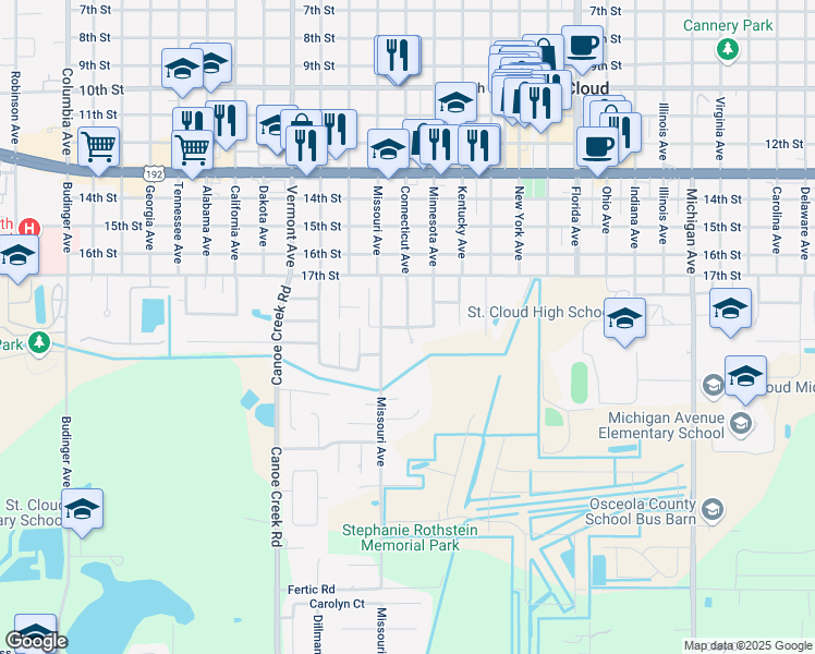 map of restaurants, bars, coffee shops, grocery stores, and more near 2202 Connecticut Avenue in Saint Cloud