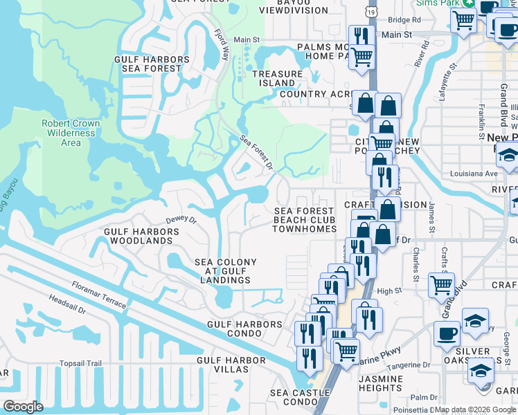 map of restaurants, bars, coffee shops, grocery stores, and more near 5537 Sea Forest Drive in Port Richey