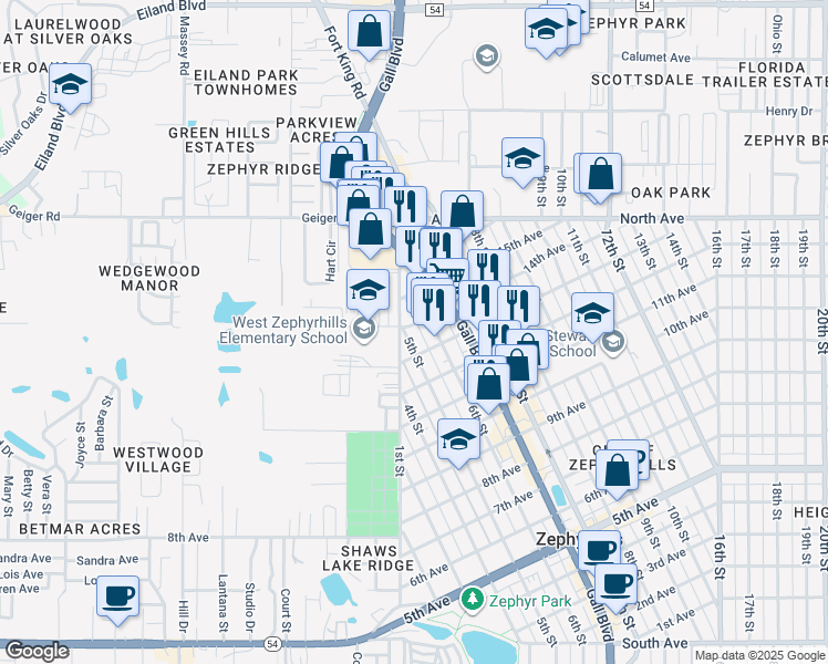 map of restaurants, bars, coffee shops, grocery stores, and more near 5655 5th Street in Zephyrhills