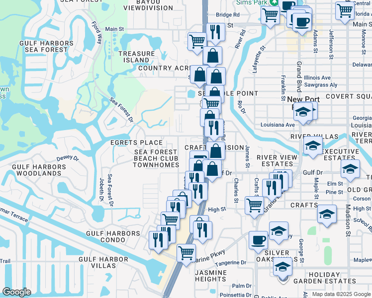 map of restaurants, bars, coffee shops, grocery stores, and more near 5605 Leisure Lane in New Port Richey
