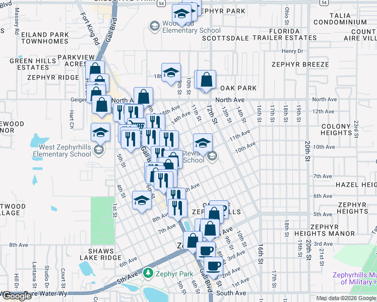 map of restaurants, bars, coffee shops, grocery stores, and more near 5708 9th Street in Zephyrhills