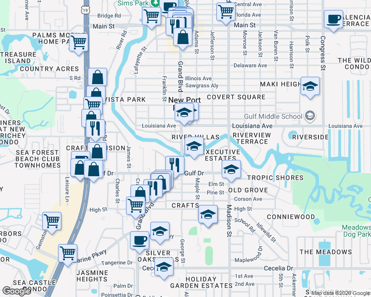 map of restaurants, bars, coffee shops, grocery stores, and more near 5612 Grand Boulevard in New Port Richey