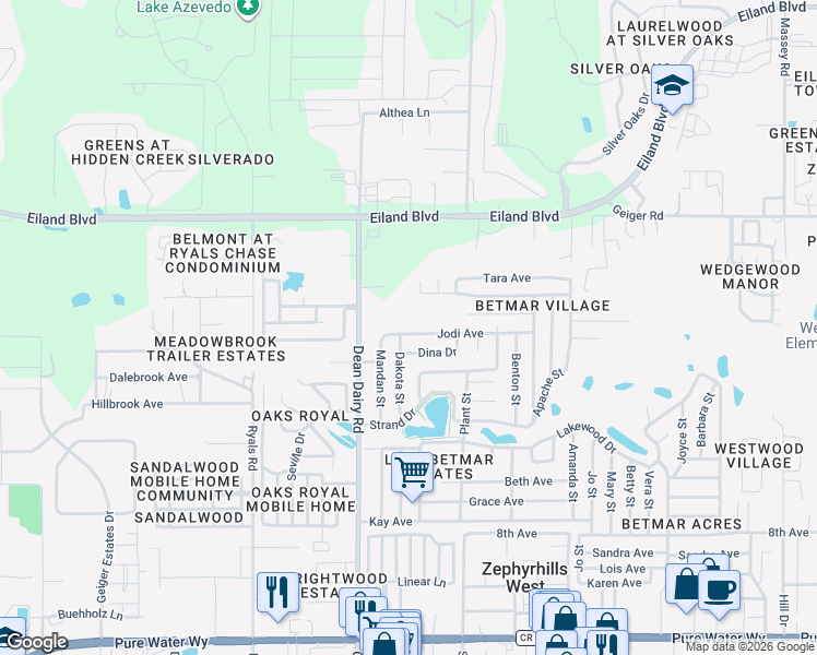 map of restaurants, bars, coffee shops, grocery stores, and more near 5707 Dakota Street in Zephyrhills