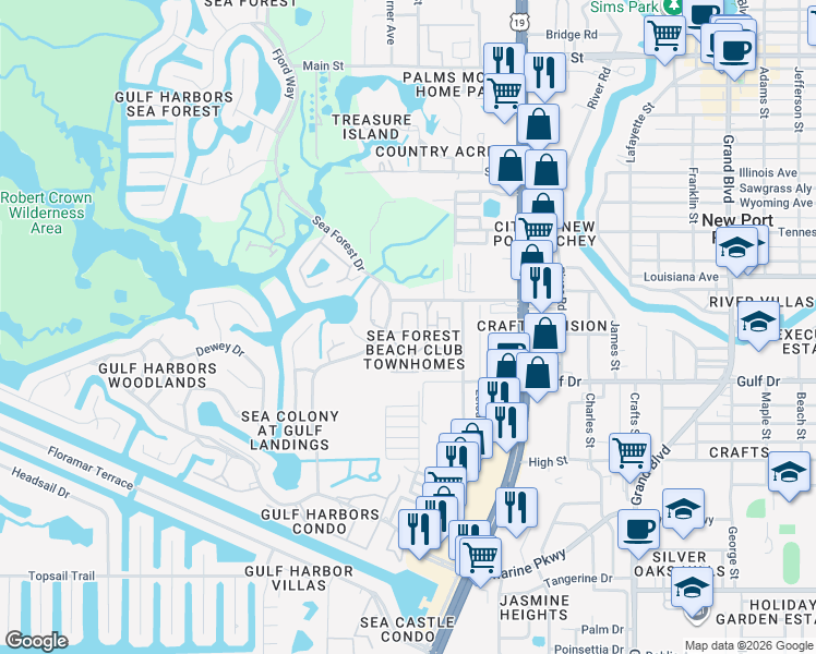 map of restaurants, bars, coffee shops, grocery stores, and more near 4914 Gulf Waters Drive in Port Richey