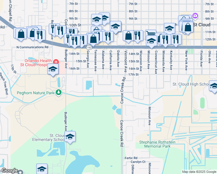 map of restaurants, bars, coffee shops, grocery stores, and more near 2218 Julianna Court in St. Cloud