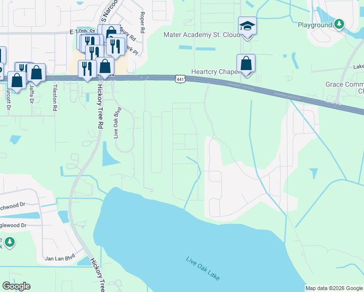map of restaurants, bars, coffee shops, grocery stores, and more near Unnamed Road in Osceola County