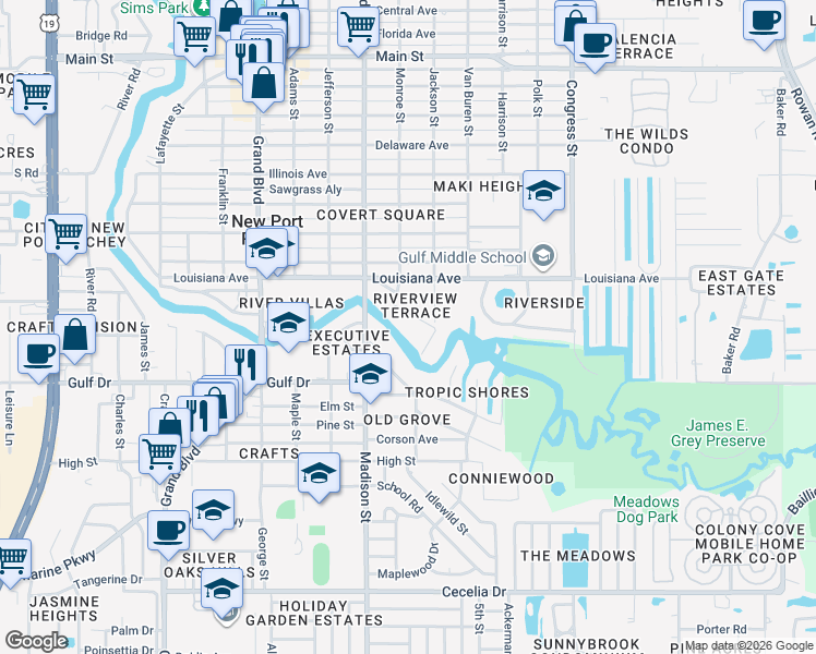 map of restaurants, bars, coffee shops, grocery stores, and more near 6134 Oak Ridge Avenue in New Port Richey