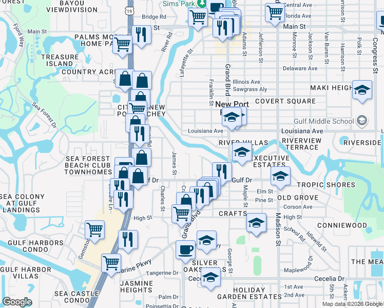 map of restaurants, bars, coffee shops, grocery stores, and more near 5644 La Salle Court in New Port Richey