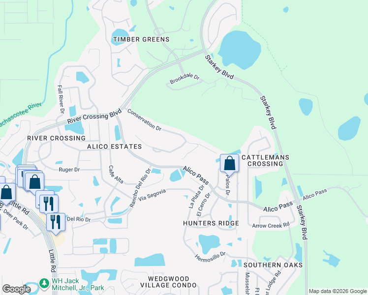 map of restaurants, bars, coffee shops, grocery stores, and more near 9644 Green Needle Drive in New Port Richey