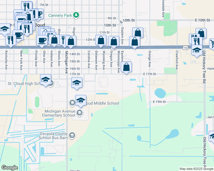 map of restaurants, bars, coffee shops, grocery stores, and more near 1901 Delaware Avenue in St. Cloud