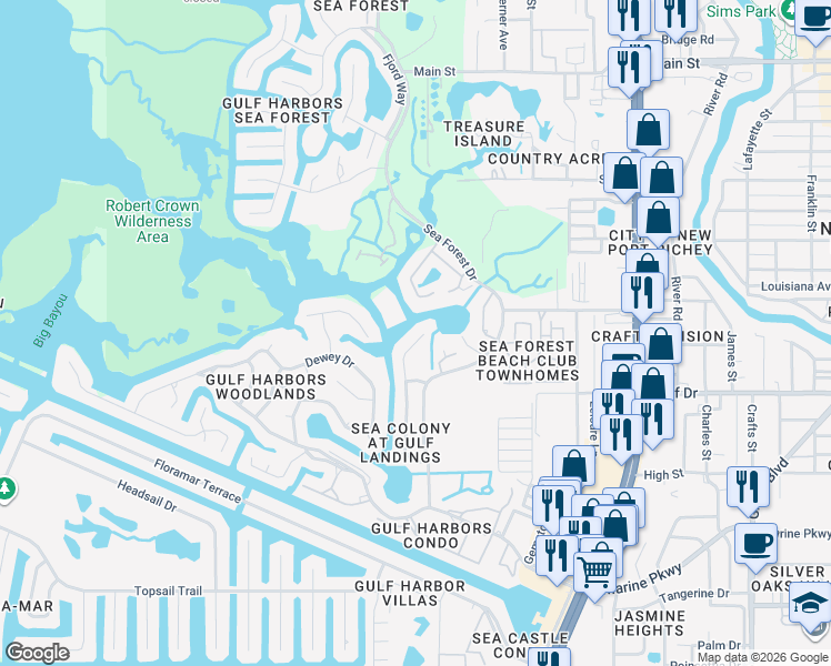 map of restaurants, bars, coffee shops, grocery stores, and more near 5551 Jobeth Drive in Port Richey