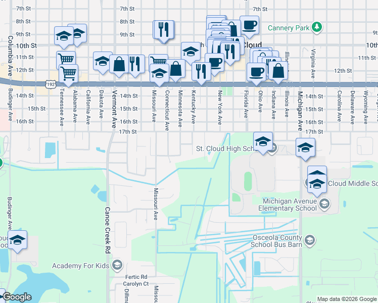 map of restaurants, bars, coffee shops, grocery stores, and more near 1899 Minnesota Avenue in St. Cloud
