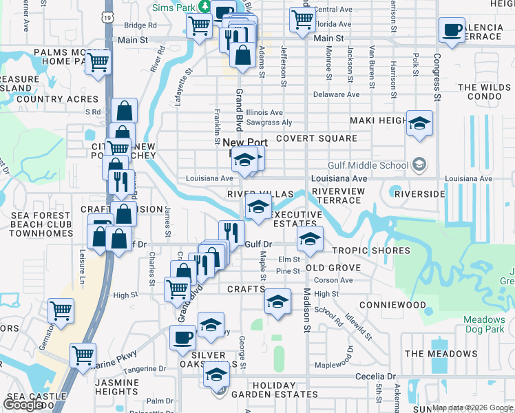 map of restaurants, bars, coffee shops, grocery stores, and more near 5612 Grand Boulevard in New Port Richey