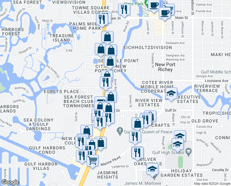 map of restaurants, bars, coffee shops, grocery stores, and more near 5314 Lemon Street in New Port Richey