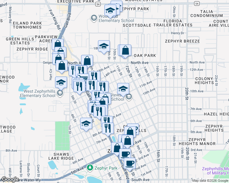 map of restaurants, bars, coffee shops, grocery stores, and more near 38342 12th Avenue in Zephyrhills