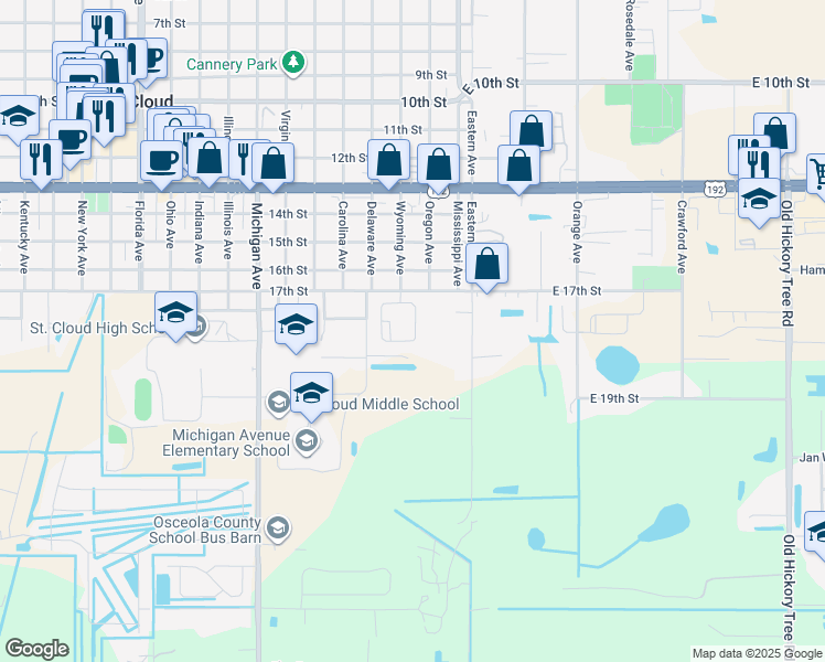 map of restaurants, bars, coffee shops, grocery stores, and more near 1901 Delaware Avenue in St. Cloud