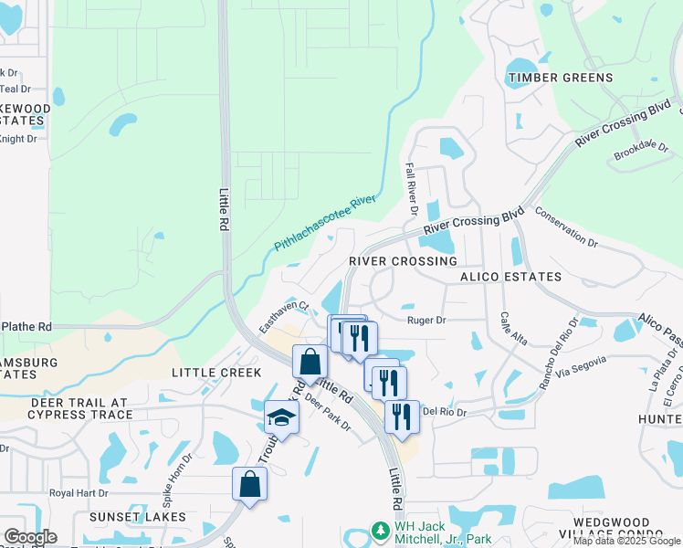 map of restaurants, bars, coffee shops, grocery stores, and more near 5622 Mossberg Drive in New Port Richey