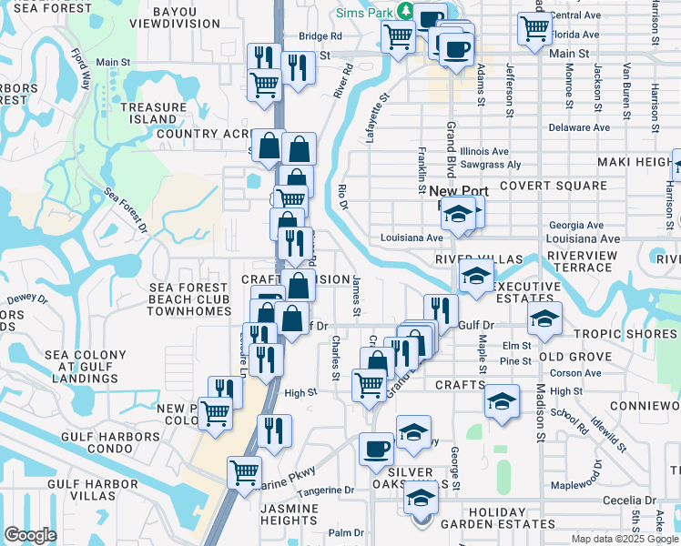 map of restaurants, bars, coffee shops, grocery stores, and more near 5626 Charles Street in New Port Richey