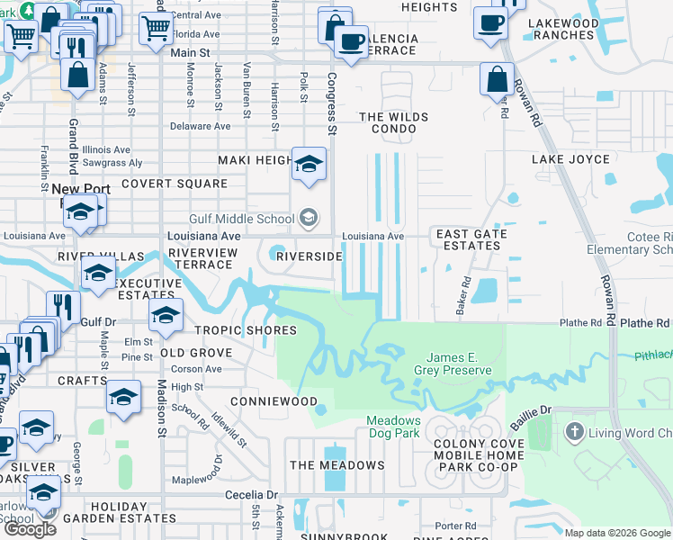 map of restaurants, bars, coffee shops, grocery stores, and more near 5632 Congress Street in New Port Richey