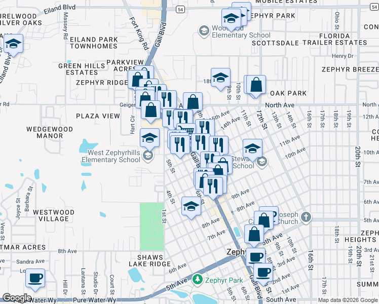 map of restaurants, bars, coffee shops, grocery stores, and more near 5739 Gall Boulevard in Zephyrhills