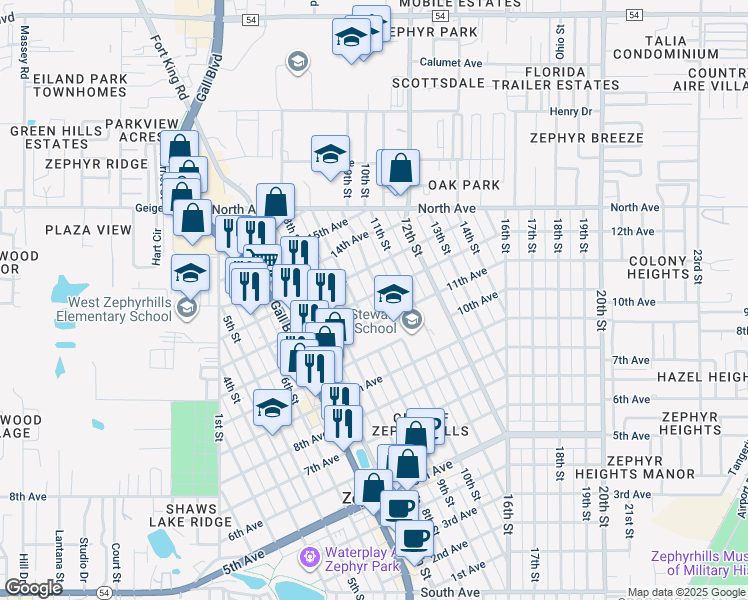map of restaurants, bars, coffee shops, grocery stores, and more near 5715 9th Street in Zephyrhills