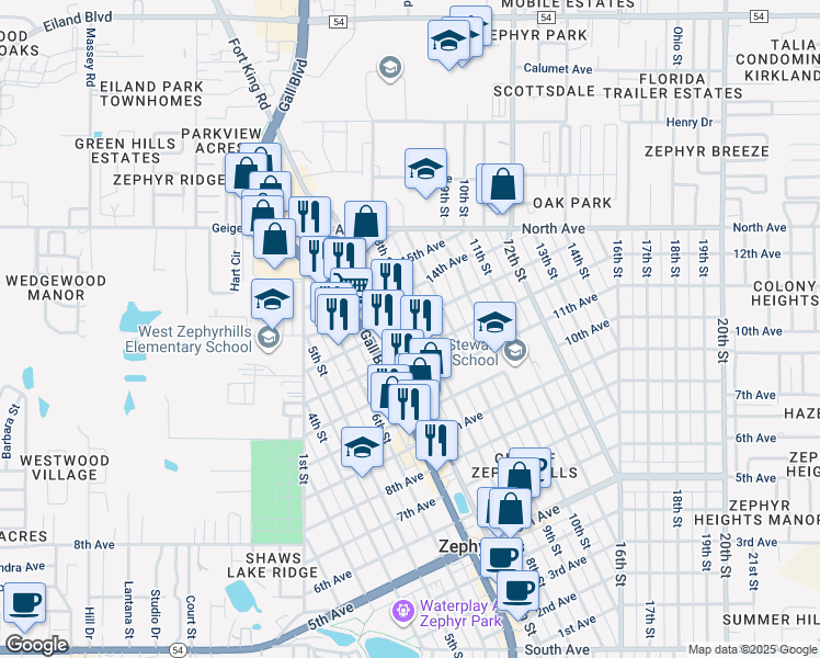 map of restaurants, bars, coffee shops, grocery stores, and more near 5707 8th Street in Zephyrhills