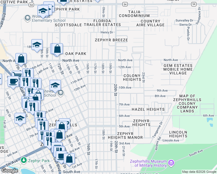 map of restaurants, bars, coffee shops, grocery stores, and more near 5733 19th Street in Zephyrhills