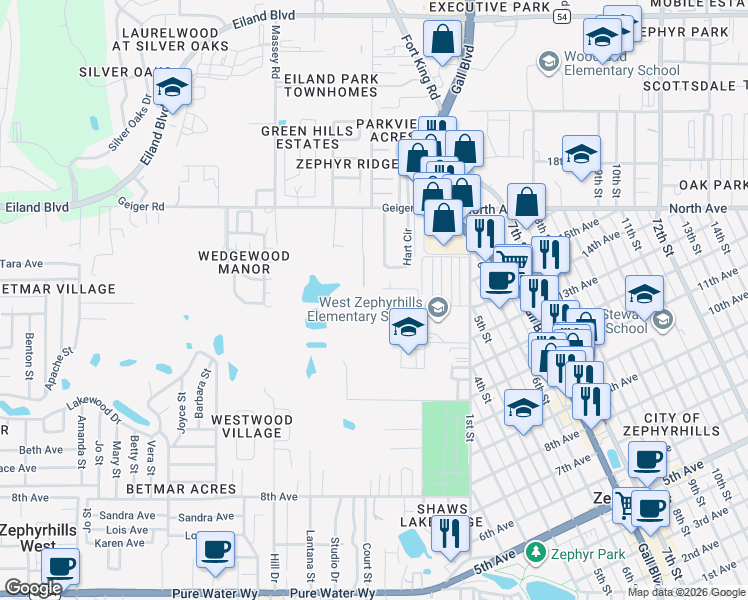 map of restaurants, bars, coffee shops, grocery stores, and more near 37733 14th Avenue in Zephyrhills